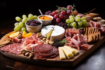 Elegant charcuterie board with a variety of cured meats, cheeses, olives, and crackers.