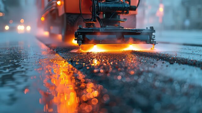 demonstration of thermoplastic road marking, with a machine heating and applying the material to create durable, long-lasting lines on the pavement.