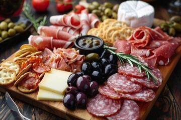 Elegant charcuterie board with a variety of cured meats, cheeses, olives, and crackers