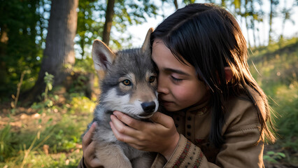 Fototapeta premium Native american girl and wolf cubs