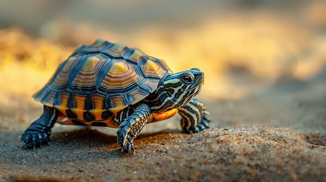 Small turtles crawling and exploring their environment, with their intricate shell patterns and slow movements highlighted against a simple, natural background.