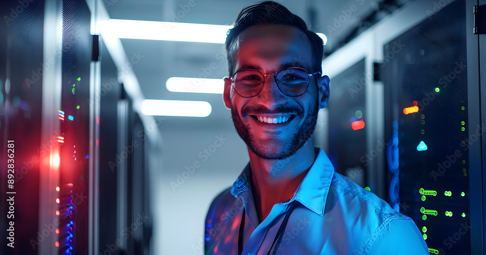 Poster man, happy and smiling or working in server room, system update and firmware installation or program