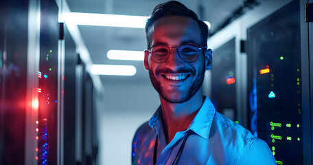 Man, happy and smiling or working in server room, system update and firmware installation or program developer. Online, network and cybersecurity or IT engineer, datacenter and professional employee