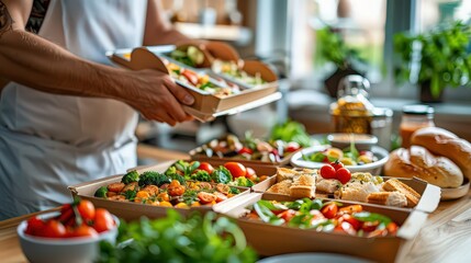 Obraz premium customer unpacking their delivered food order at home, revealing the variety of dishes and containers received from their favorite restaurant.