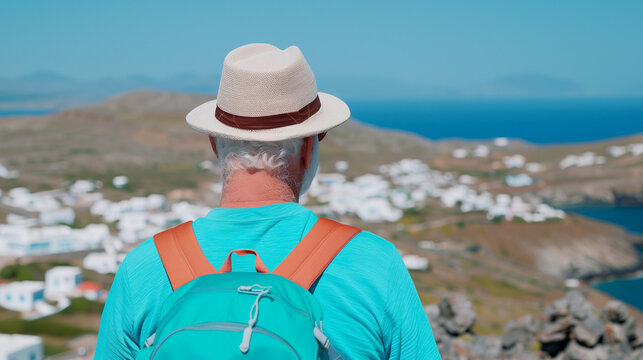 Elderly gentleman enjoys a stunning coastal view from a high vantage point during his summer travels in greece, feeling liberated and daring - Powered by Adobe