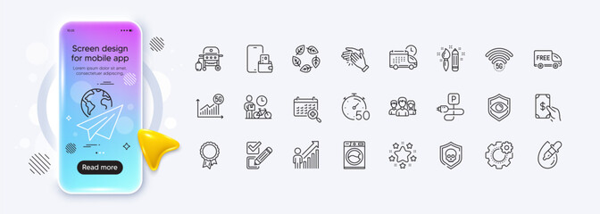 Clapping hands, Receive money and Cyber attack line icons for web app. Phone mockup gradient screen. Pack of Checkbox, Cogwheel, Charging parking pictogram icons. Vector