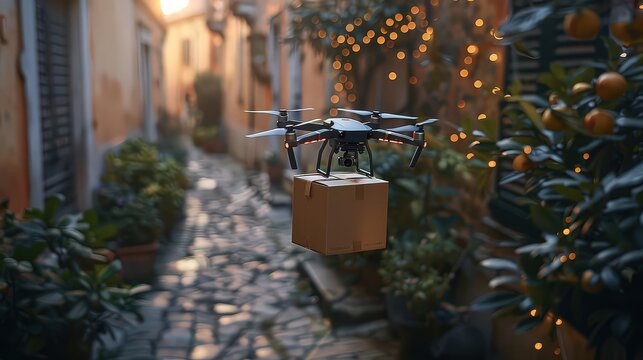 drone delivering a package in a charming, narrow alleyway decorated with string lights, showcasing modern technology in a picturesque urban setting.