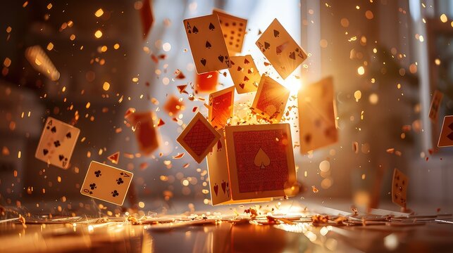  dramatic scene of playing cards exploding from a box, illuminated by warm light, symbolizing chaos, excitement, and unpredictability.