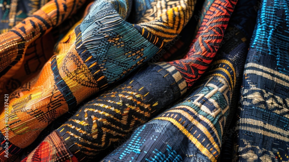 Poster close-up of colorful patterned fabric with intricate designs