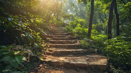 A scenic hiking trail winding through lush greenery or rocky terrain, leading to a campsite or scenic viewpoint, illustrating outdoor exploration and adventure.
