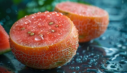 Ripe watermelon glistening with water droplets.
