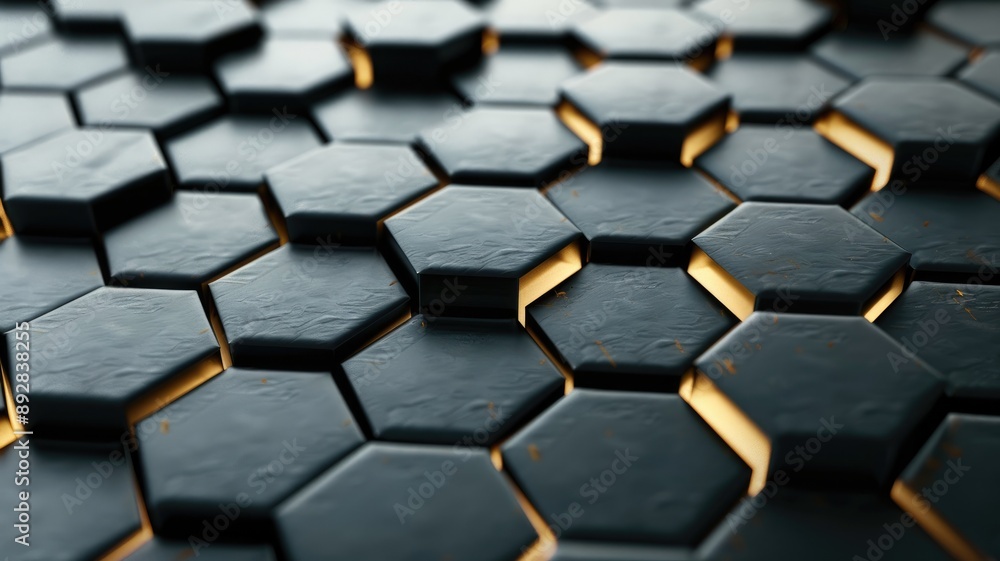 Poster close-up of pattern black hexagonal tiles with golden edges