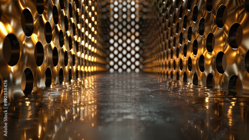 Poster 3d render of endless futuristic corridor with hexagonal lights