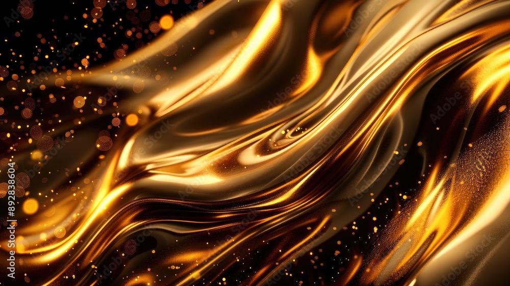 Poster fluid abstract golden waves with sparkling particles on dark background