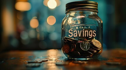 clear jar labeled "Savings" with only a few coins inside, symbolizing dwindling personal savings and financial insecurity.