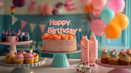 cheerful banner with "Happy Birthday" in bold letters, hanging above a party table adorned with decorations.