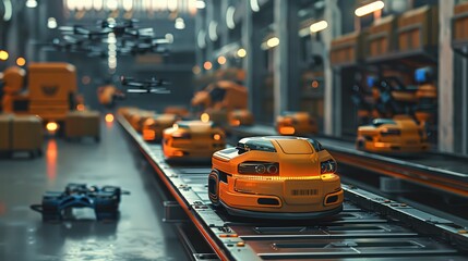 advanced robotics assembly line with yellow autonomous vehicles moving along a conveyor belt in a high-tech manufacturing environment, showcasing industrial automation and innovation.