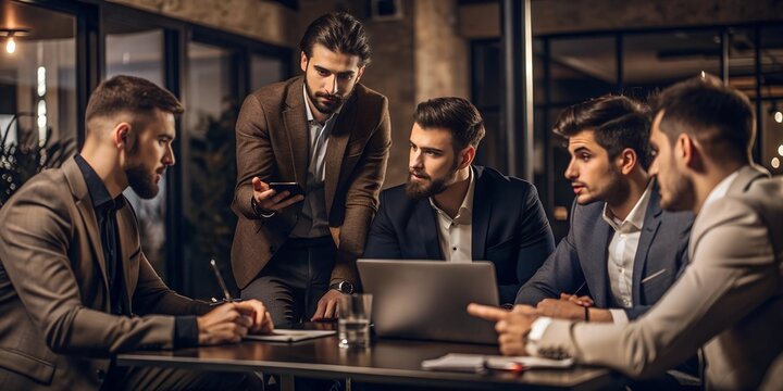 Young businessmen engaged in animated discussion, surrounded by modern office decor. The image captures the vibrant dynamics of collaborative brainstorming 