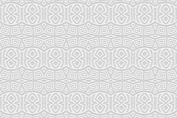 Embossed white background, cover design, banner. Geometric Greek 3D pattern, meander. Ethnic ornaments, arabesques, mandala. Vintage, handmade. Traditions of the East, Asia, India, Mexico, Aztec, Peru