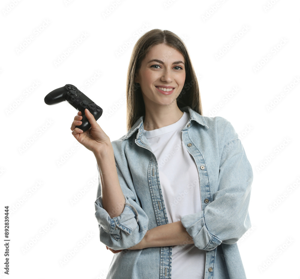 Wall mural Happy woman with controller on white background