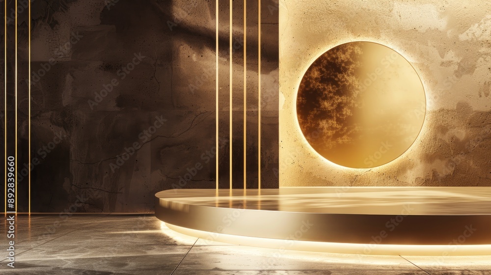 Poster modern abstract display podium with circular golden backdrop and reflective floor, illuminated by so