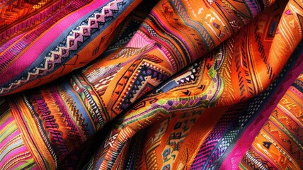 Colorful woven fabrics with intricate patterns