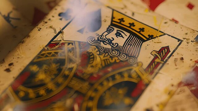 detailed view of a vintage playing cards face showcasing a regal king in faded gold and intricate floral patterns on a background of aged yellowed paper.