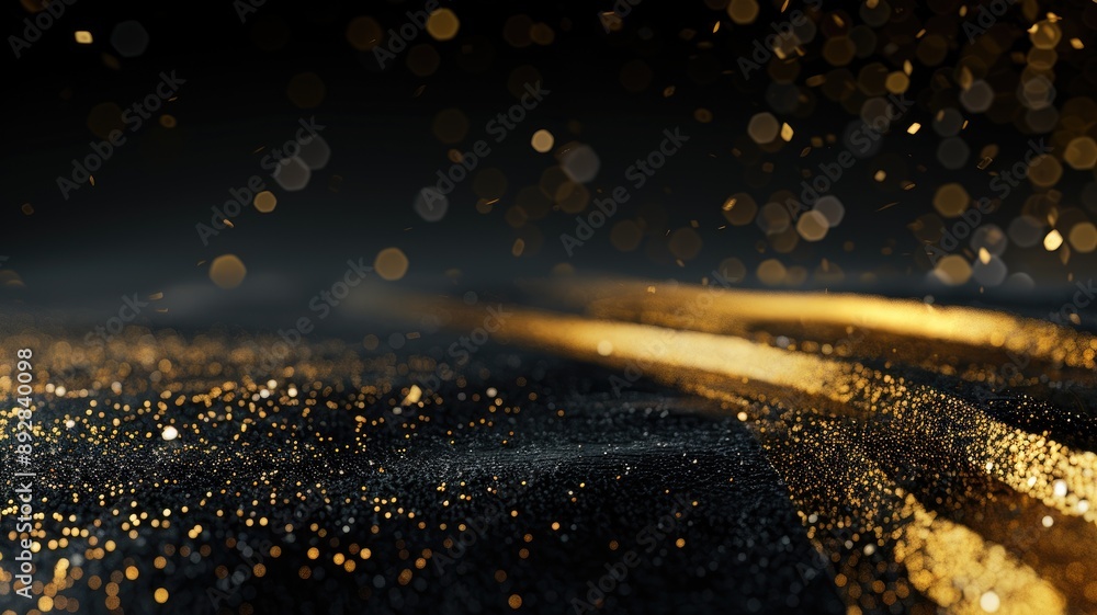 Poster shimmering golden particles on dark surface with bokeh effect