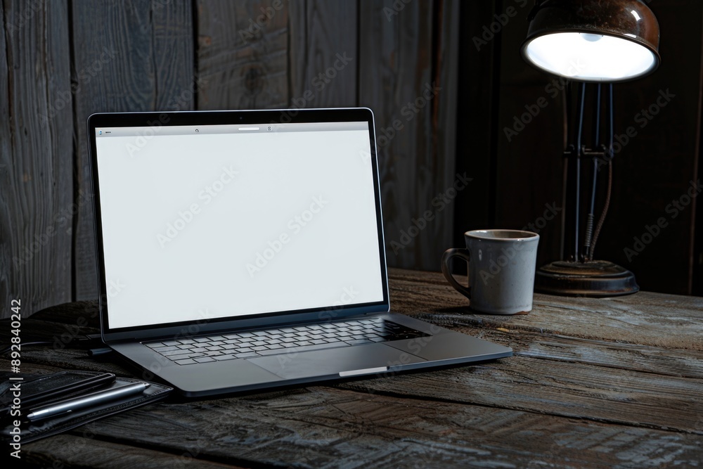 Poster a laptop computer sitting on top of a wooden table, ready for use