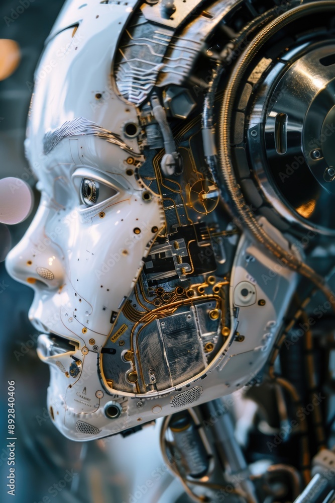 Poster a close-up view of a robot's head and face, with detailed features