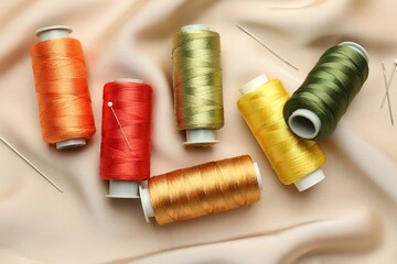 Spools of sewing threads, pins and needles on beige cloth, top view