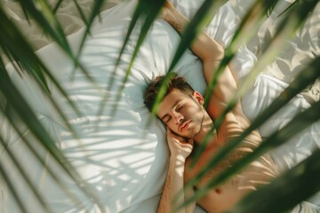 Turkish man deep sleep embodying morning relaxation and refreshment. Calm young man resting sideways depicting sleep and serene doze. Young man sleeping mirrors importance of mental 