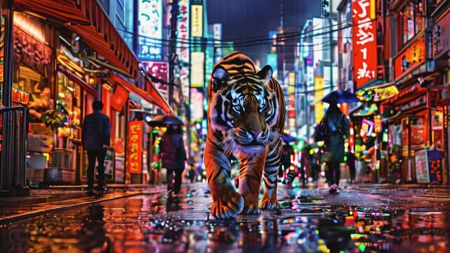 Tiger prowling through the neon-lit streets, its silhouette illuminated by colorful city lights. The wet asphalt surface adds to the urban ambiance, creating a captivating and mysterious atmosphere