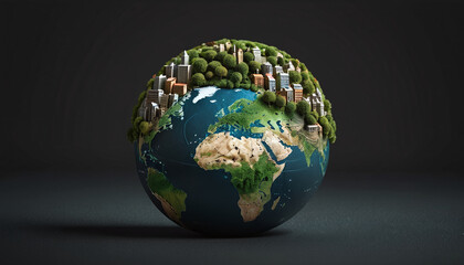 Fototapeta premium illustrative conceptual representation of planet earth in miniature size with small houses, trees and green areas, to visualize the vulnerability and uniqueness of this planet