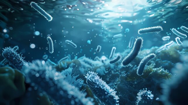 Pile of legionella bacteria with flagella, biofilm, sideview, background water, intricate details, underwater photography, Generative AI illustrations 