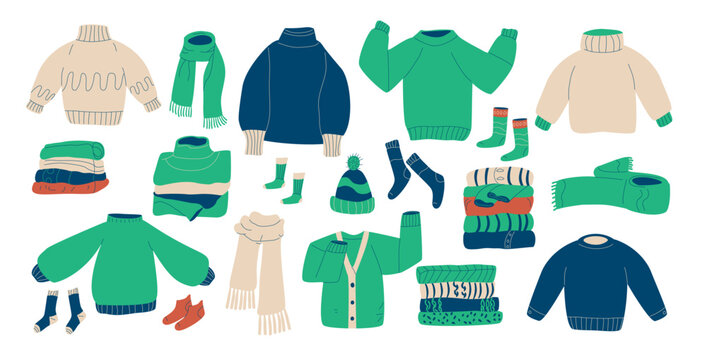 Set of cozy knitted sweaters, scarves, socks, and warm accessories. Winter warm clothes kit. Vector hand drawn collection illustration isolated on white background.