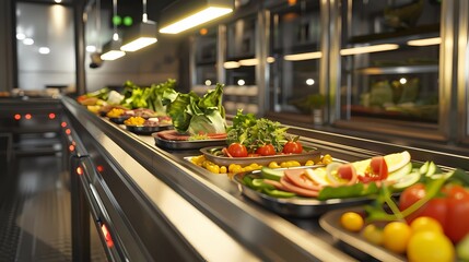 A food conveyor belt with some food on it restaurant, Generative AI illustrations. 