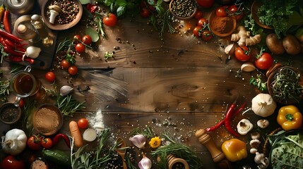 A chef's table top from a straight down camera angle with various ingredients scattered a busy chef's table with vegetables, herbs, spices on a wooden table top, Generative AI illustrations. 