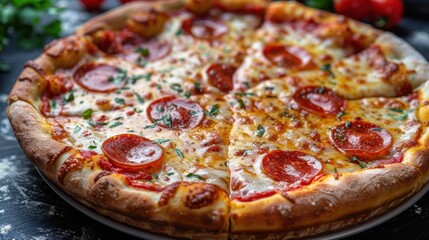 Delicious Pepperoni Pizza with Melting Cheese and Fresh Herbs on Rustic Wooden Table - Perfect for Italian Cuisine Lovers
