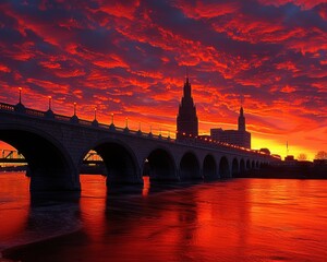 Naklejka premium Dramatic Red Sunset Over Historic Bridge and Silhouette of Cathedral with Reflective River Water in Scenic Evening Glow