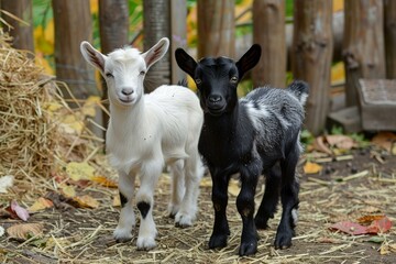Obraz premium A pair of adorable white and black kid goats posing together in a rustic farm setting