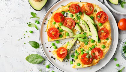 Breakfast. Omelette with tomatoes, avocado, blue cheese and green peas on white plate. Frittata - italian omelet
