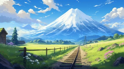 Fototapeta premium a narrow road leading to mount fuji in distance anime style,