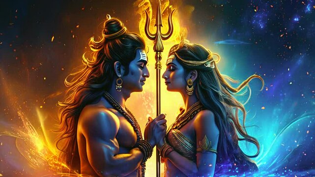 Immerse yourself in the divine love of lord Shiva and Parvati with this beautifully captured moment. Watch as their adorned figures, vibrant attire, and expressive faces tell a story of devotion.