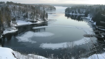 Fototapeta premium Captivating Winter Landscape of a Snow-Covered Forest Surrounding a Partially Frozen Lake with Scenic Reflections and Ice Formations