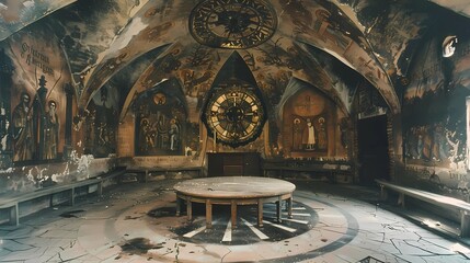Obraz premium The room a shrine of the roof arches upwards, supported by large wooden beams, murals and paintings of saints and figures from multiple religions and spiritual histories line the walls, Generative AI 