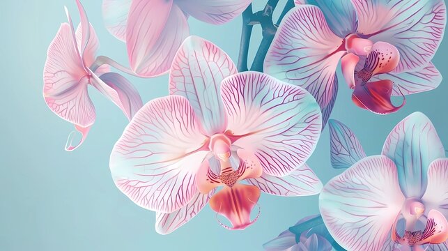 A hand drawing orquidea flower illustration, blue color background, Generative AI illustrations. 