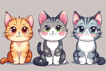 Obraz premium Cute illustrated cats with big eyes in orange, gray, and striped patterns, perfect for children's designs