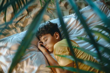 Slumbering young boy relaxes his side peaceful sanctuary. Adolescent boy unwinds bed indulging restful sleep. Comfort of home sanctuary.