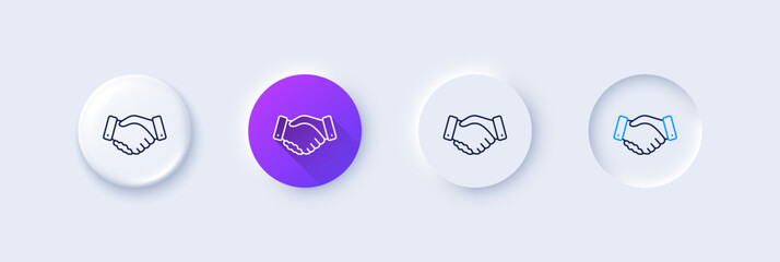 Employees handshake line icon. Neumorphic, Purple gradient, 3d pin buttons. Hand gesture sign. Business deal palm symbol. Line icons. Neumorphic buttons with outline signs. Vector